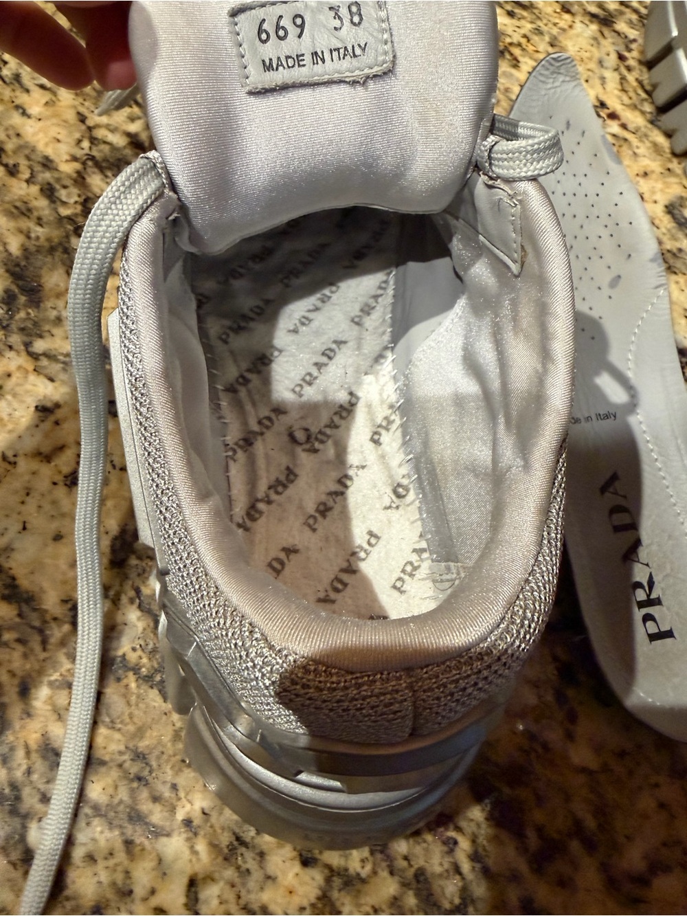 Prada Evolution Tech Women’s Chunky Lace-Up Sneakers in Light Gray and Silver - Picture 12 of 16